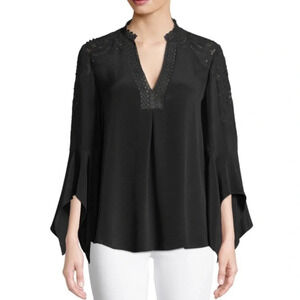KOBI HALPERIN | Jessa Long Sleeve V Neck Silk Blouse Top‎ Black Career Small